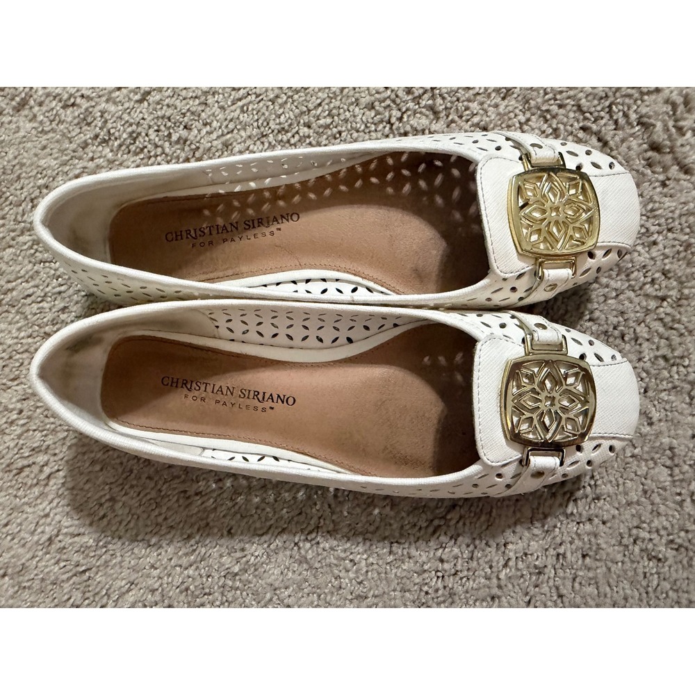 Christian Siriano for Payless White Perforated Ballet Flats Gold Buckle Womens 6